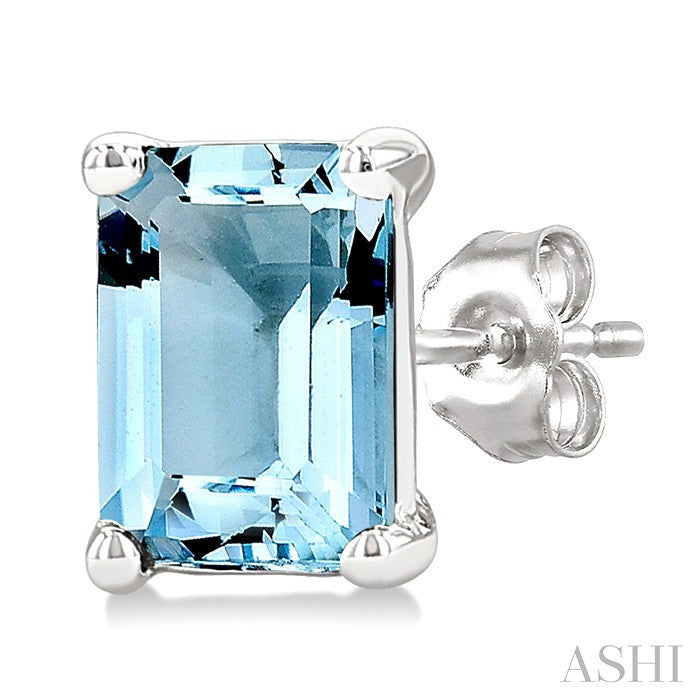 4X3 MM Octagon Shape Aquamarine Semi-Precious Stud Earrings in 10K White Gold