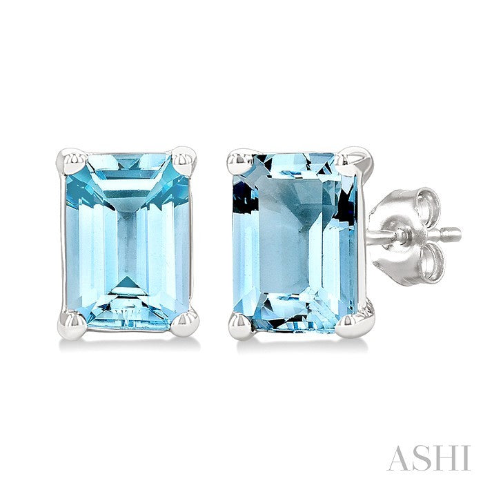 4X3 MM Octagon Shape Aquamarine Semi-Precious Stud Earrings in 10K White Gold