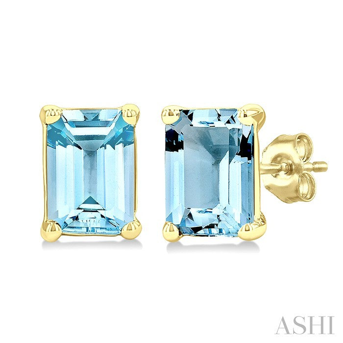 4X3 MM Octagon Shape Aquamarine Semi-Precious Stud Earrings in 10K Yellow Gold
