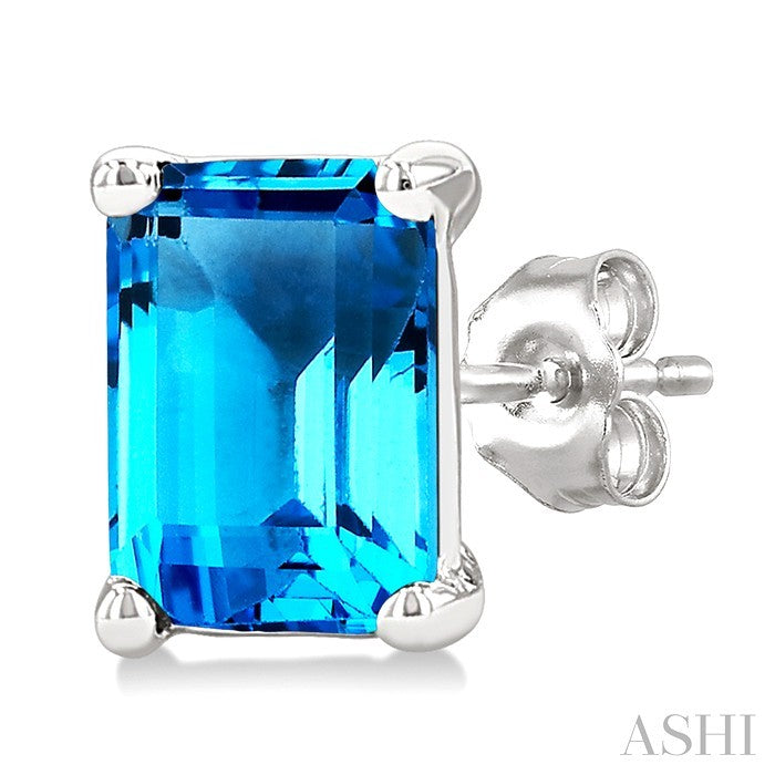 4X3 MM Octagon Shape Blue Topaz Semi-Precious Stud Earrings in 10K White Gold
