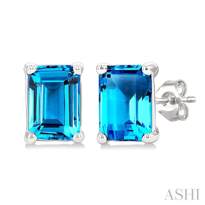 4X3 MM Octagon Shape Blue Topaz Semi-Precious Stud Earrings in 10K White Gold