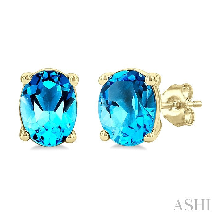 4X3 MM Oval Shape Blue Topaz Semi-Precious Stud Earrings in 10K Yellow Gold