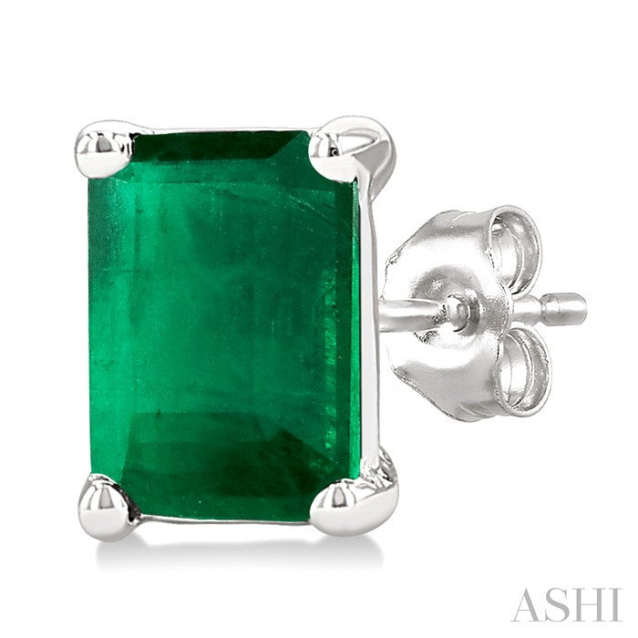 4X3 MM Octagon Shape Emerald Precious Stud Earrings in 10K White Gold