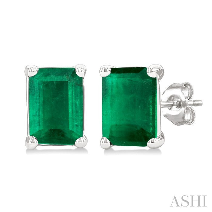 4X3 MM Octagon Shape Emerald Precious Stud Earrings in 10K White Gold