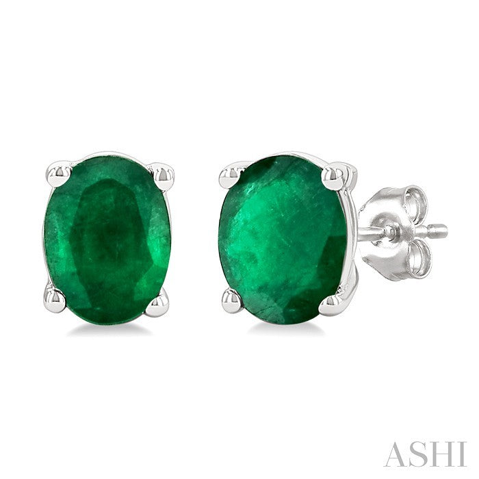 4X3 MM Oval Shape Emerald Precious Stud Earrings in 10K White Gold