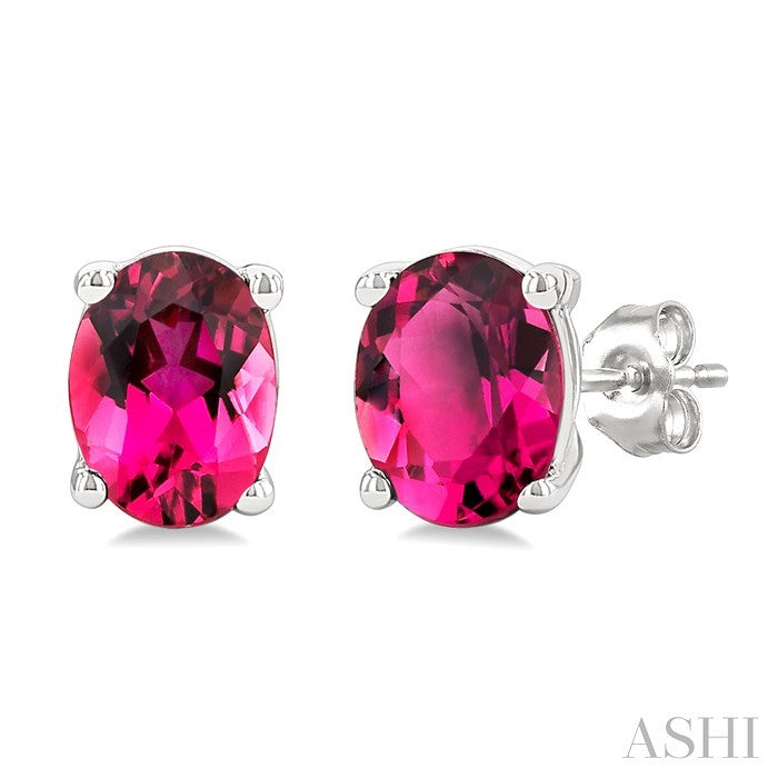 4X3 MM Oval Shape Pink Tourmaline Semi-Precious Stud Earrings in 10K White Gold
