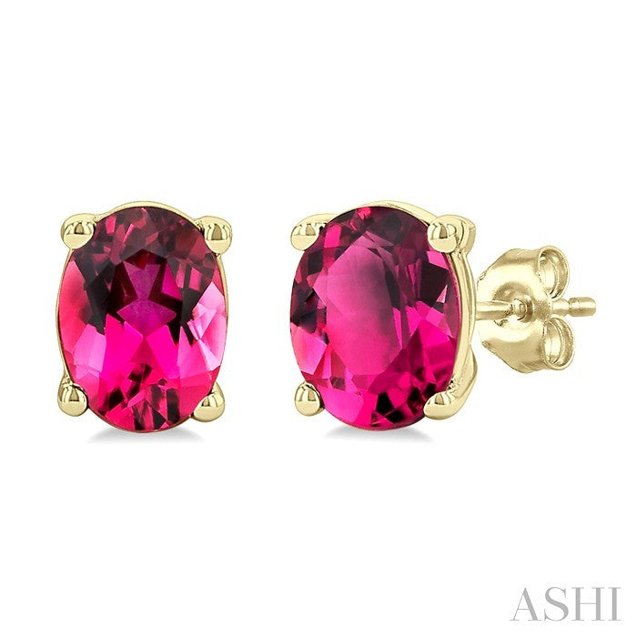 4X3 MM Oval Shape Pink Tourmaline Semi-Precious Stud Earrings in 10K Yellow Gold