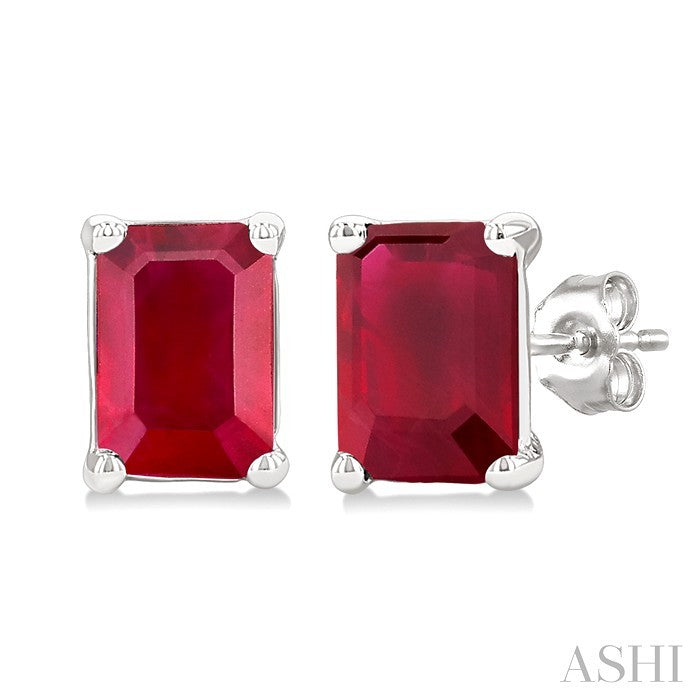 4X3 MM Octagon Shape Ruby Precious Stud Earrings in 10K White Gold