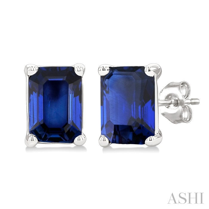 4X3 MM Octagon Shape Sapphire Precious Stud Earrings in 10K White Gold