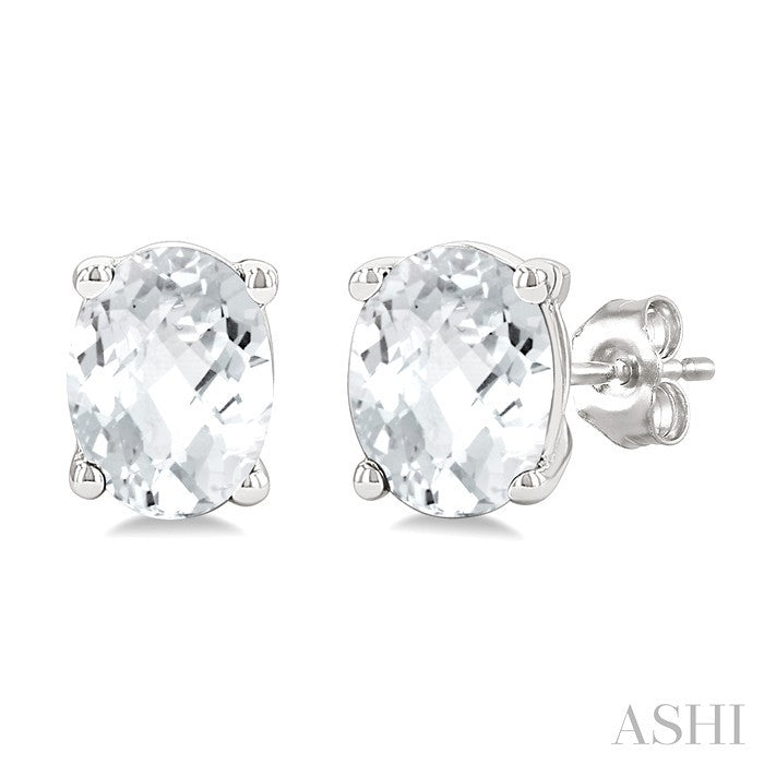 4X3 MM Oval Shape White Topaz Semi-Precious Stud Earrings in 10K White Gold