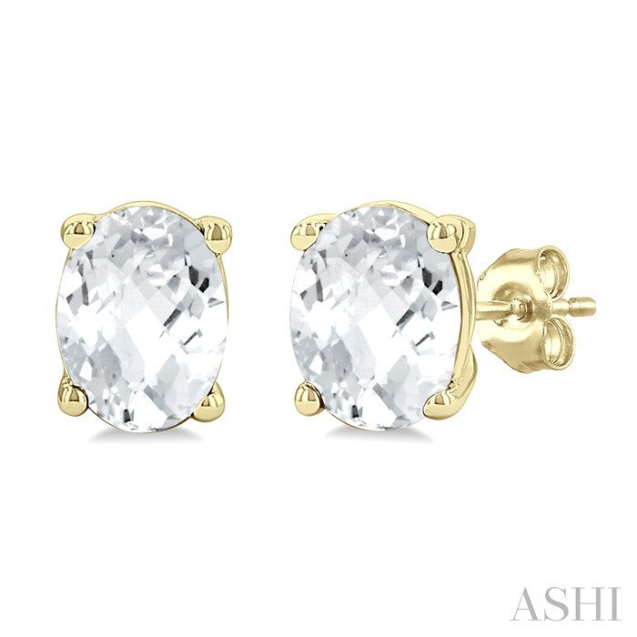 4X3 MM Oval Shape White Topaz Semi-Precious Stud Earrings in 10K Yellow Gold
