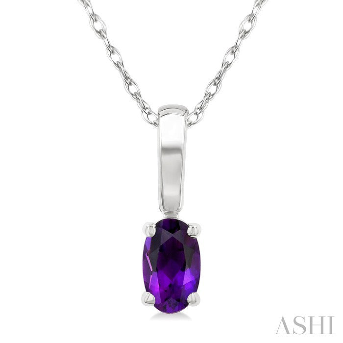 5X3 MM Oval Shape Amethyst Semi-Precious Solitaire Pendant With Chain in 10K White Gold