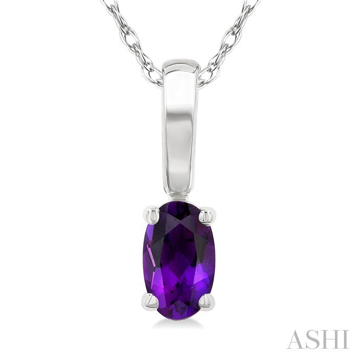 5X3 MM Oval Shape Amethyst Semi-Precious Solitaire Pendant With Chain in 10K White Gold