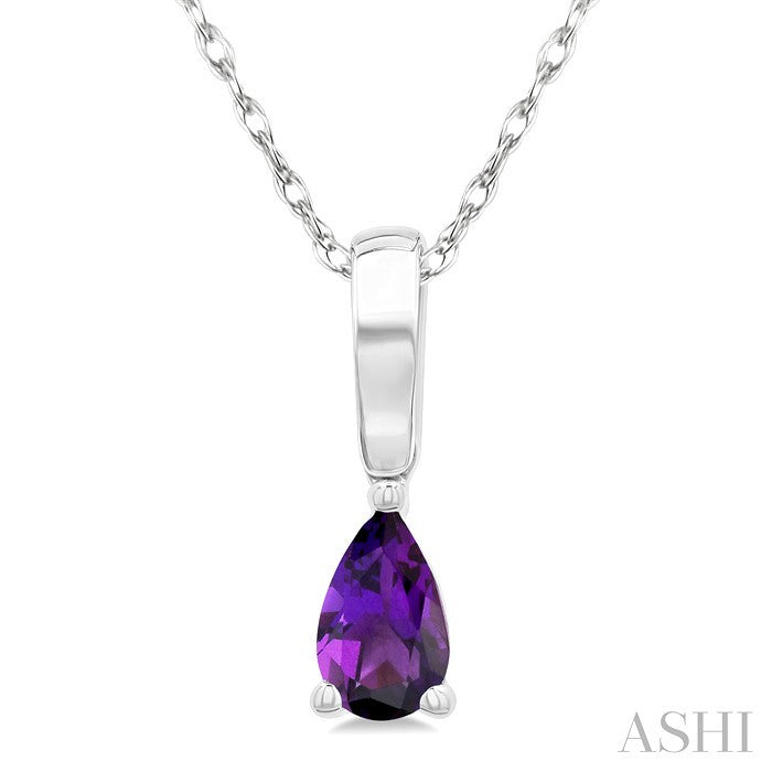 5X3 MM Pear Shape Amethyst Semi-Precious Solitaire Pendant With Chain in 10K White Gold