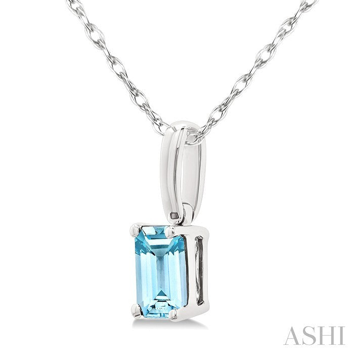 5X3 MM Octagon Shape Aquamarine Semi-Precious Solitaire Pendant With Chain in 10K White Gold