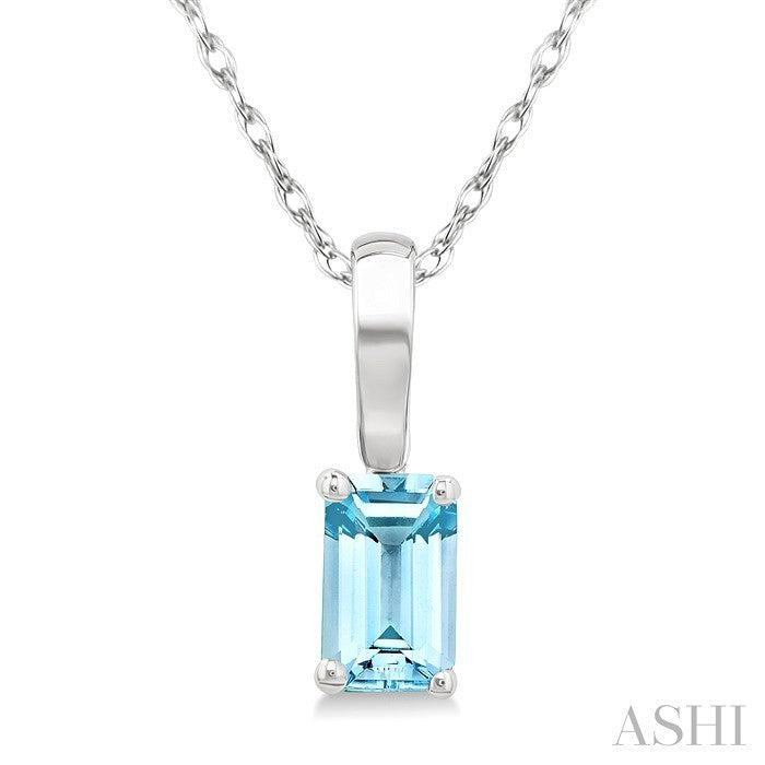 5X3 MM Octagon Shape Aquamarine Semi-Precious Solitaire Pendant With Chain in 10K White Gold