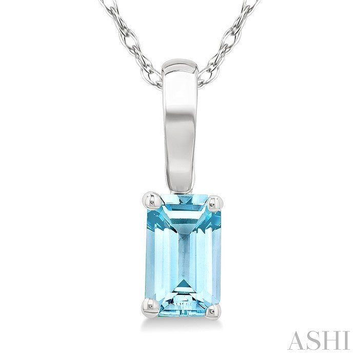 5X3 MM Octagon Shape Aquamarine Semi-Precious Solitaire Pendant With Chain in 10K White Gold