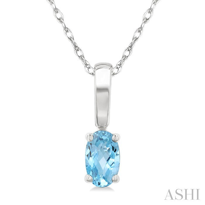5X3 MM Oval Shape Aquamarine Semi-Precious Solitaire Pendant With Chain in 10K White Gold