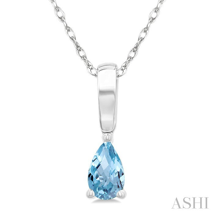5X3 MM Pear Shape Aquamarine Semi-Precious Solitaire Pendant With Chain in 10K White Gold