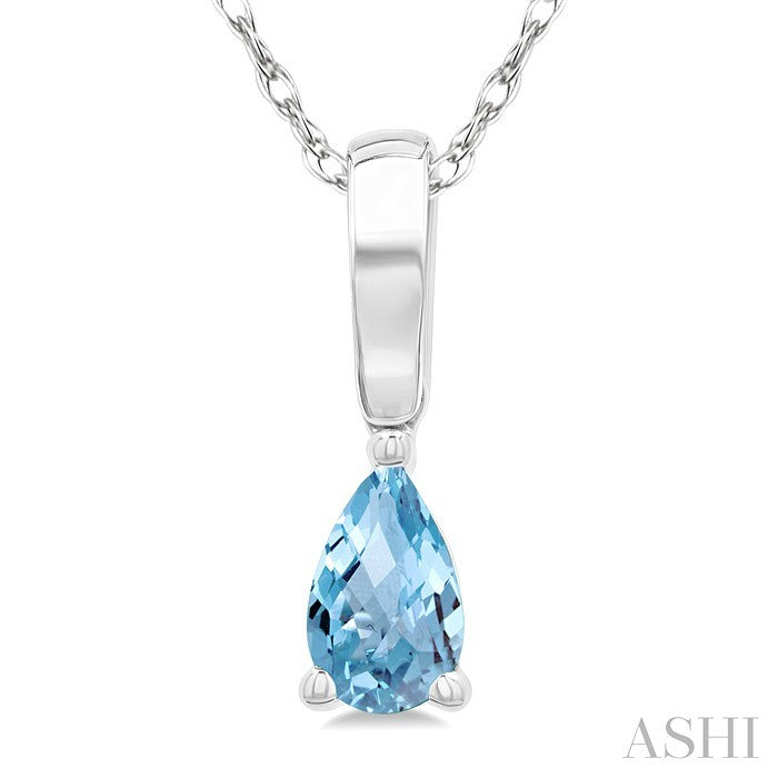 5X3 MM Pear Shape Aquamarine Semi-Precious Solitaire Pendant With Chain in 10K White Gold