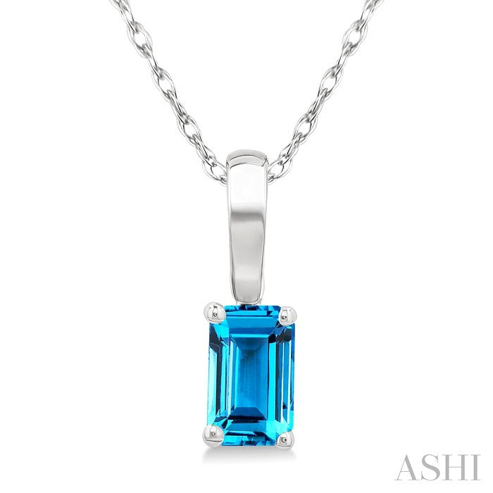 5X3 MM Octagon Shape Blue Topaz Semi-Precious Solitaire Pendant With Chain in 10K White Gold