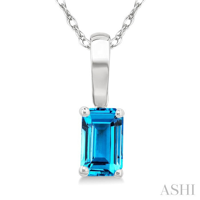 5X3 MM Octagon Shape Blue Topaz Semi-Precious Solitaire Pendant With Chain in 10K White Gold