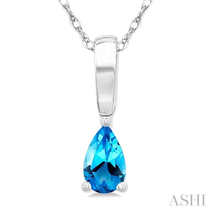 5X3 MM Pear Shape Blue Topaz Semi-Precious Solitaire Pendant With Chain in 10K White Gold