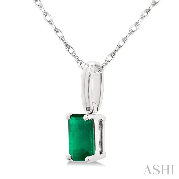 5X3 MM Octagon Shape Emerald Precious Solitaire Pendant With Chain in 10K White Gold