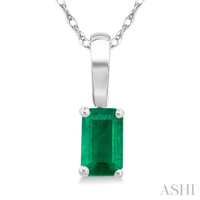 5X3 MM Octagon Shape Emerald Precious Solitaire Pendant With Chain in 10K White Gold
