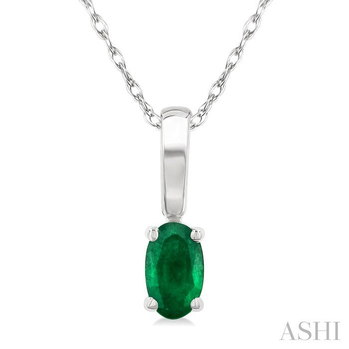 5X3 MM Oval Shape Emerald Precious Solitaire Pendant With Chain in 10K White Gold