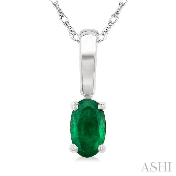 5X3 MM Oval Shape Emerald Precious Solitaire Pendant With Chain in 10K White Gold