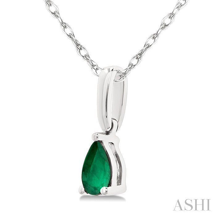 5X3 MM Pear Shape Emerald Precious Solitaire Pendant With Chain in 10K White Gold