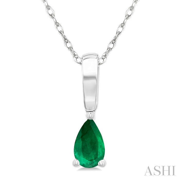 5X3 MM Pear Shape Emerald Precious Solitaire Pendant With Chain in 10K White Gold