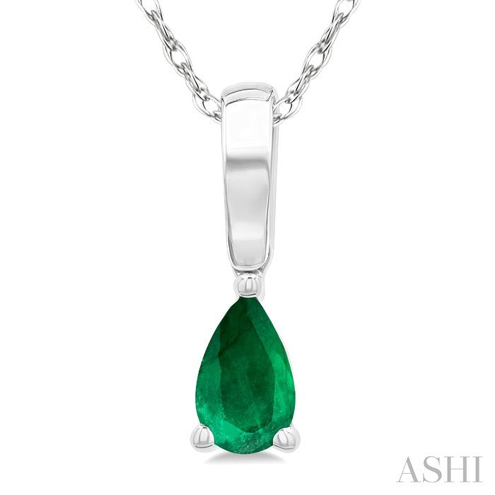 5X3 MM Pear Shape Emerald Precious Solitaire Pendant With Chain in 10K White Gold