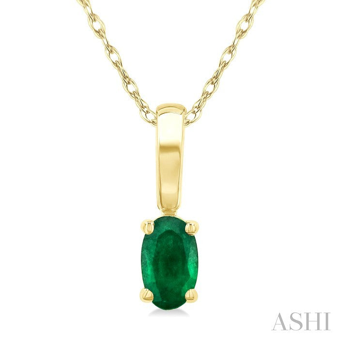 5X3 MM Oval Shape Emerald Precious Solitaire Pendant With Chain in 10K Yellow Gold