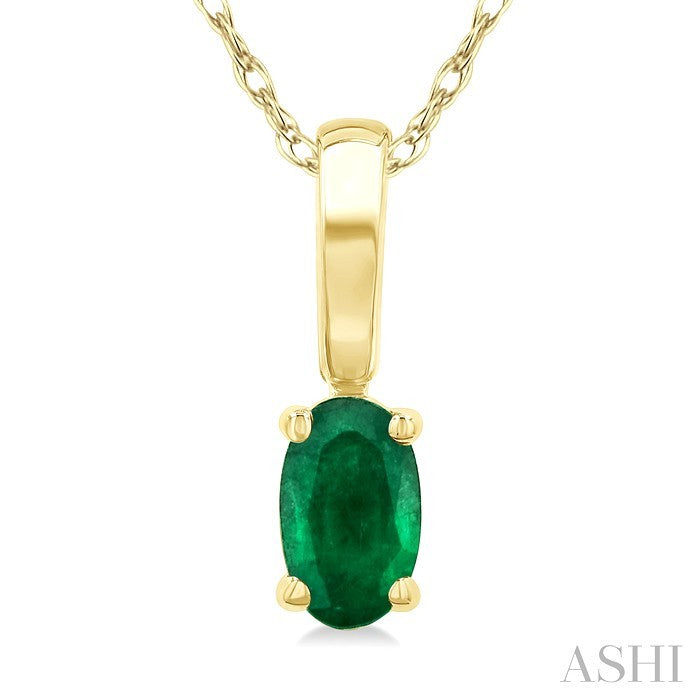 5X3 MM Oval Shape Emerald Precious Solitaire Pendant With Chain in 10K Yellow Gold