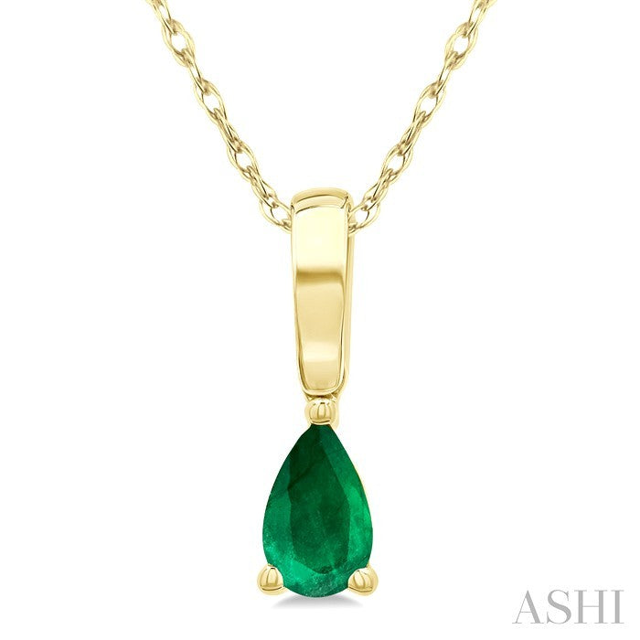 5X3 MM Pear Shape Emerald Precious Solitaire Pendant With Chain in 10K Yellow Gold