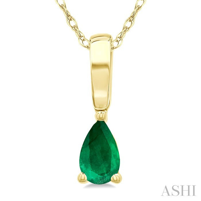 5X3 MM Pear Shape Emerald Precious Solitaire Pendant With Chain in 10K Yellow Gold