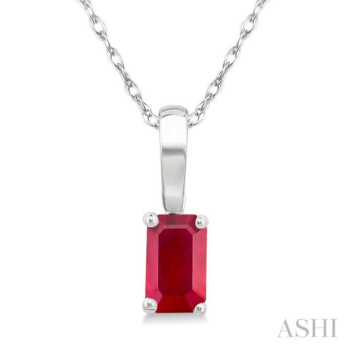 5X3 MM Octagon Shape Ruby Precious Solitaire Pendant With Chain in 10K White Gold