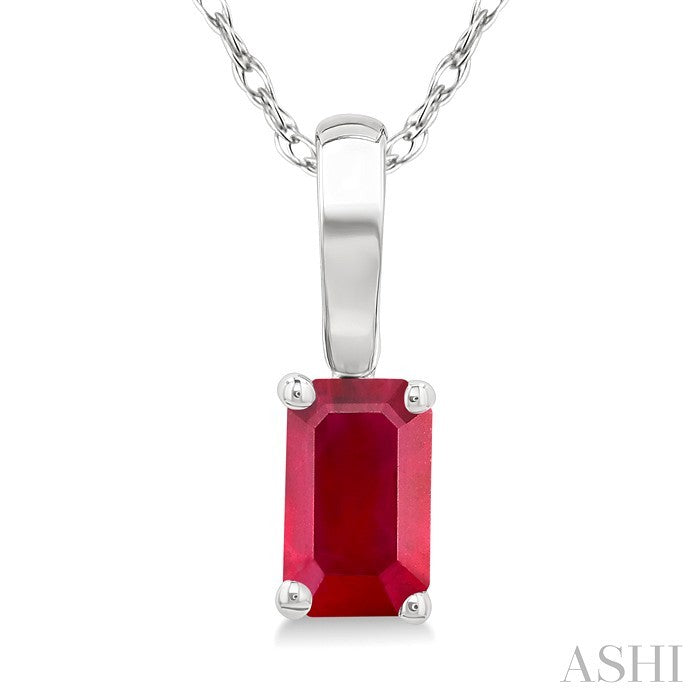 5X3 MM Octagon Shape Ruby Precious Solitaire Pendant With Chain in 10K White Gold