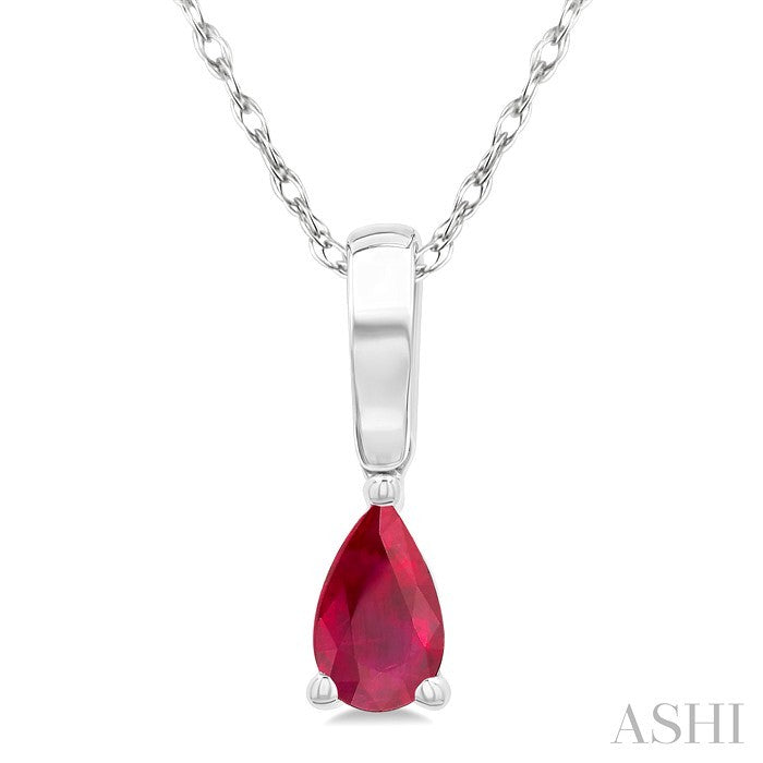 5X3 MM Pear Shape Ruby Precious Solitaire Pendant With Chain in 10K White Gold