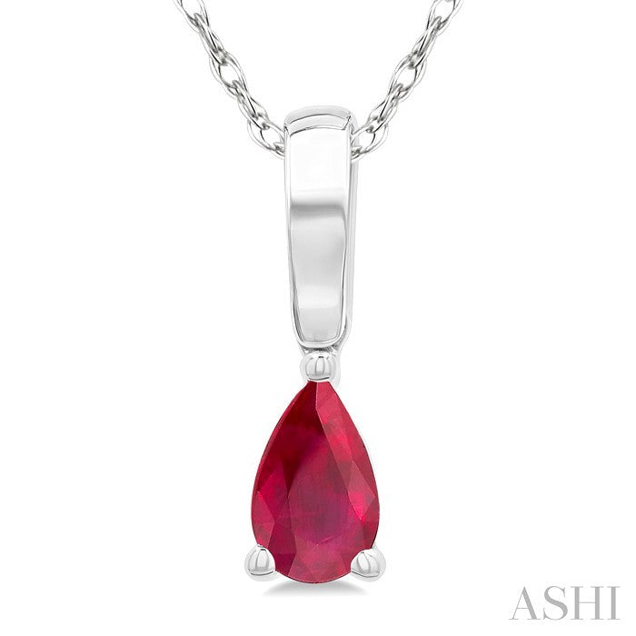 5X3 MM Pear Shape Ruby Precious Solitaire Pendant With Chain in 10K White Gold