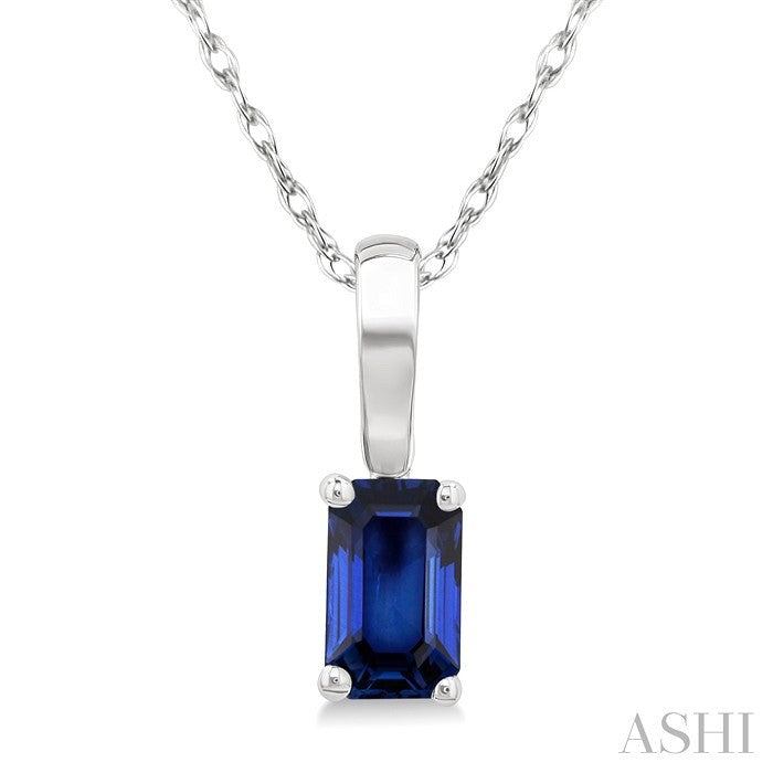 5X3 MM Octagon Shape Sapphire Precious Solitaire Pendant With Chain in 10K White Gold