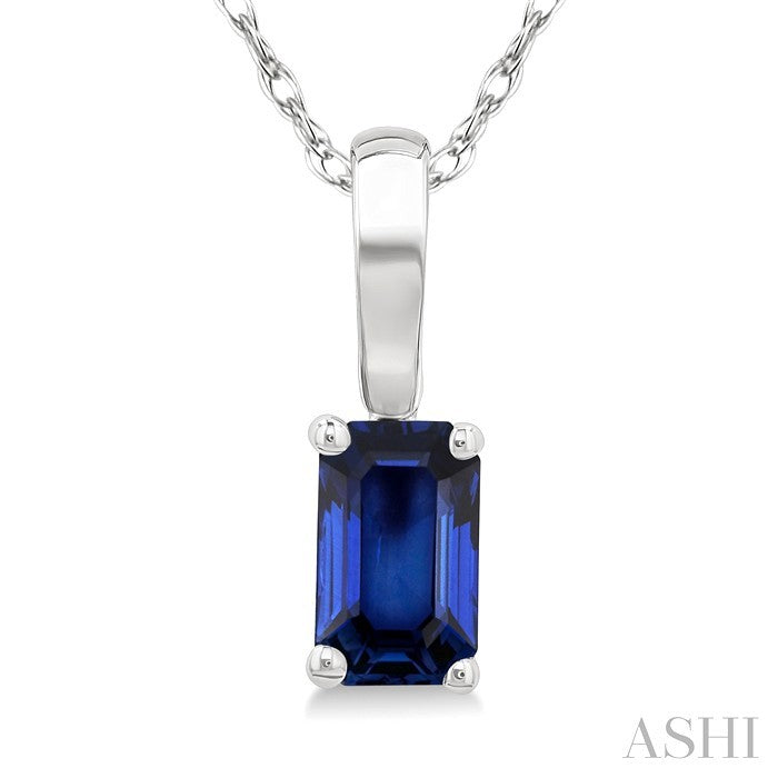 5X3 MM Octagon Shape Sapphire Precious Solitaire Pendant With Chain in 10K White Gold