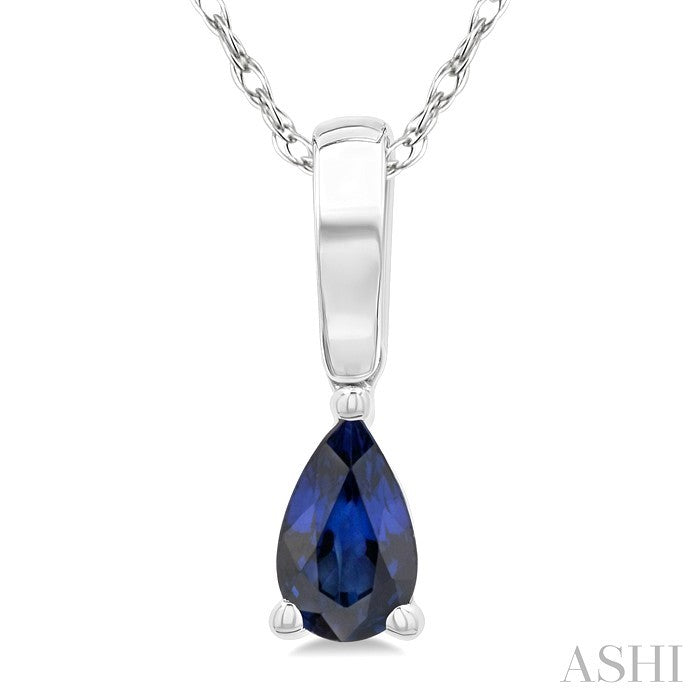 5X3 MM Pear Shape Sapphire Precious Solitaire Pendant With Chain in 10K White Gold