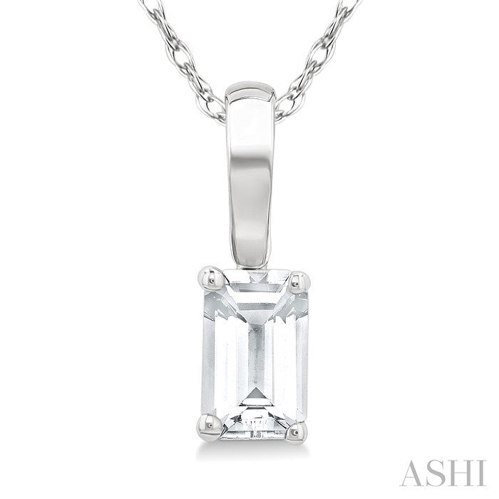 5X3 MM Octagon Shape White Topaz Semi-Precious Solitaire Pendant With Chain in 10K White Gold