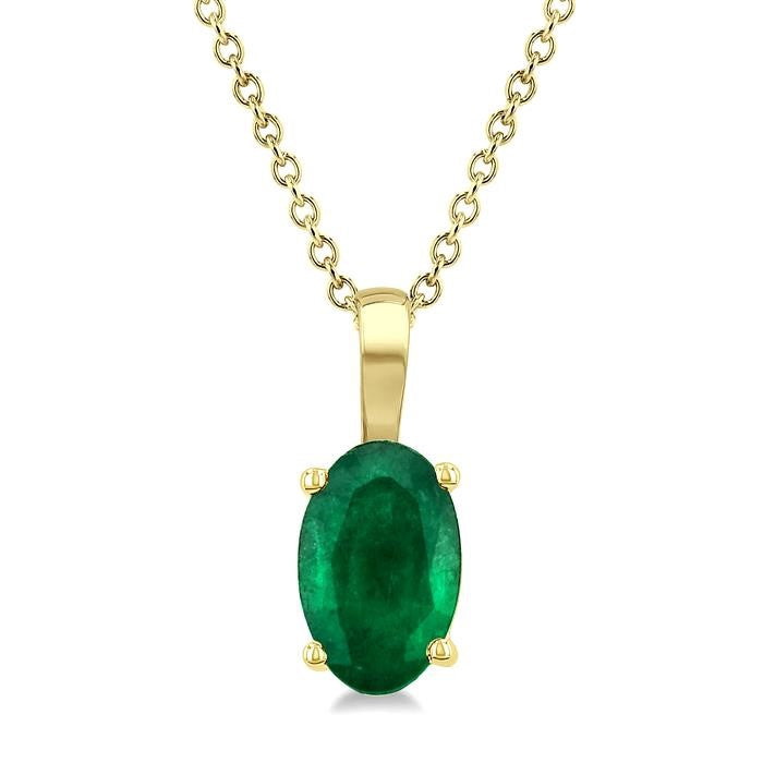 6X4 MM Oval Shape Emerald Precious Solitaire Pendant With Chain in 14K Yellow Gold