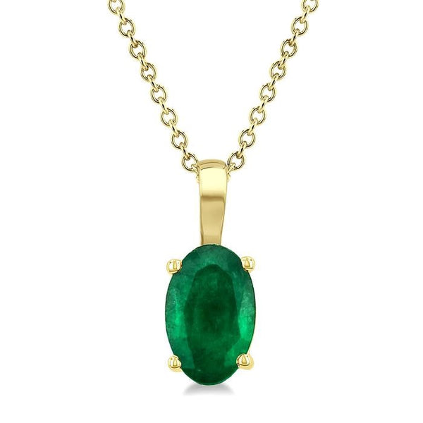 6X4 MM Oval Shape Emerald Precious Solitaire Pendant With Chain in 14K Yellow Gold