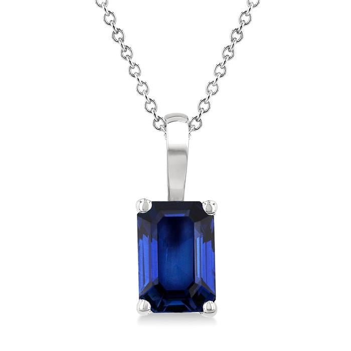 6X4 MM Octagon Shape Sapphire Precious Solitaire Pendant With Chain in 14K White Gold