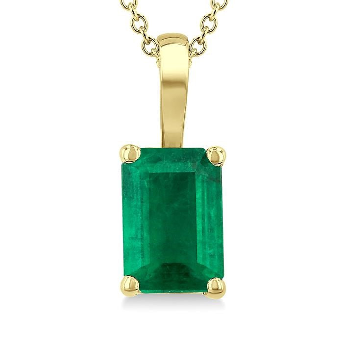 6X4 MM Octagon Shape Emerald Precious Solitaire Pendant With Chain in 14K Yellow Gold